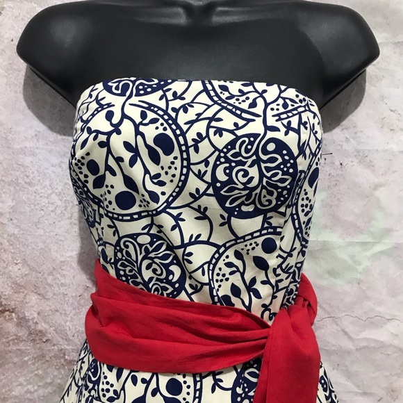 ANTHROPOLOGIE by Tabitha Strapless Paisley Floral Blue White Red Sash Linen~2 - Picture 3 of 6